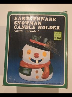 Earthenware Snowman Candle Holder Vintage New In Box